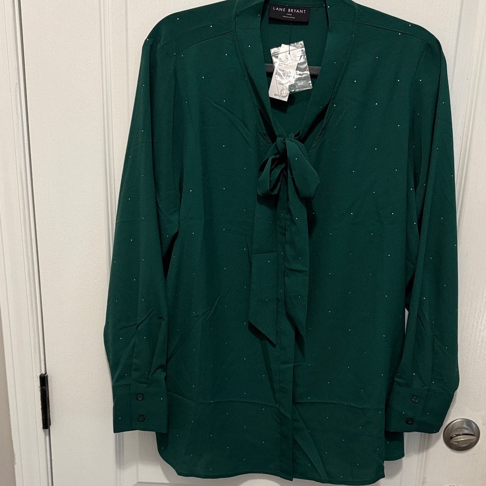 Lane Bryant Dark Forest Green Blouse with Bow Detail
